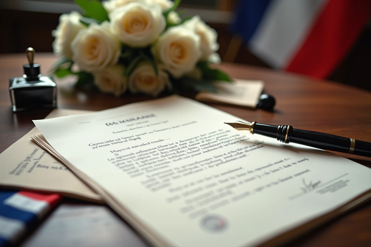 Modèle de discours de mariage pour maire posé sur un bureau en bois avec une écharpe tricolore et un stylo plume