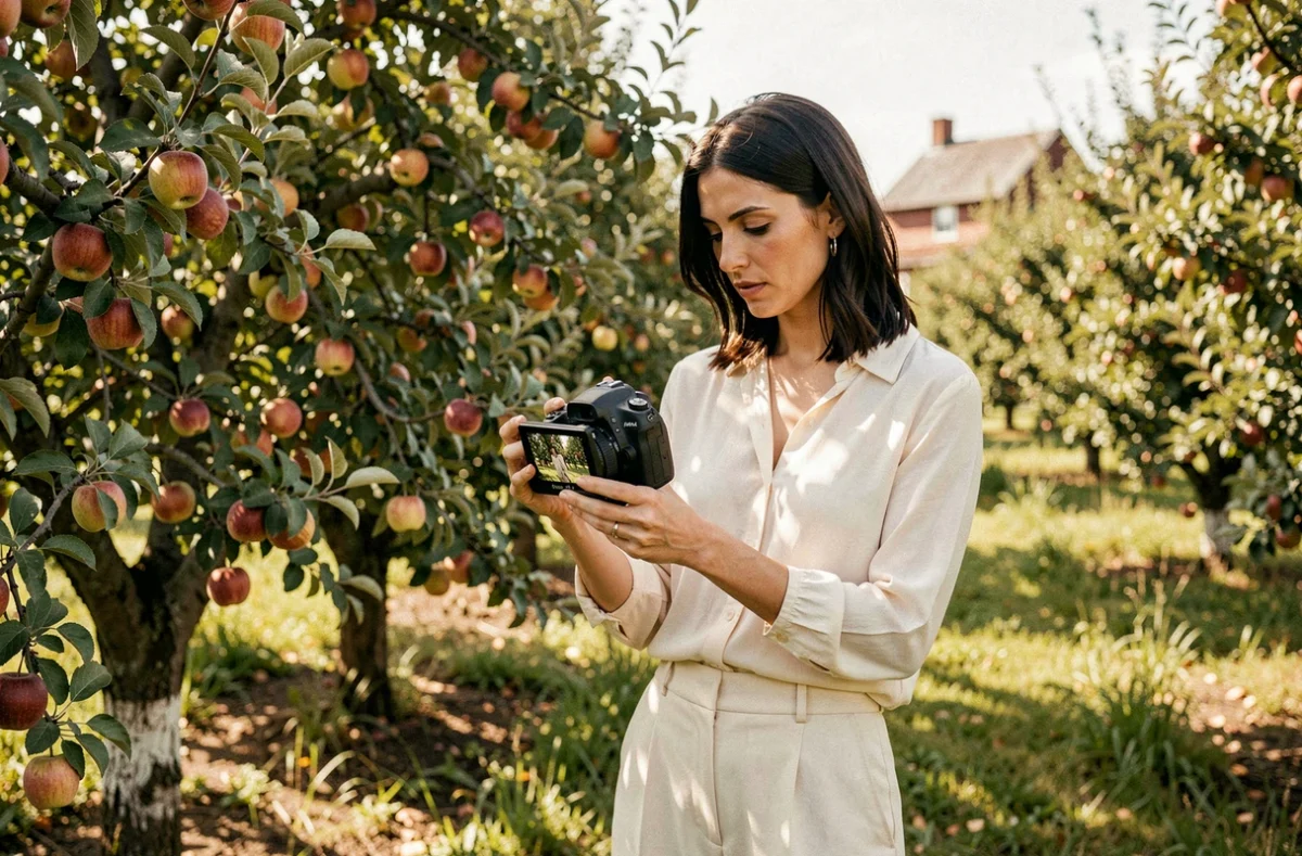 MS Photographie, photographe de mariage en Normandie, consultant son appareil dans un verger normand