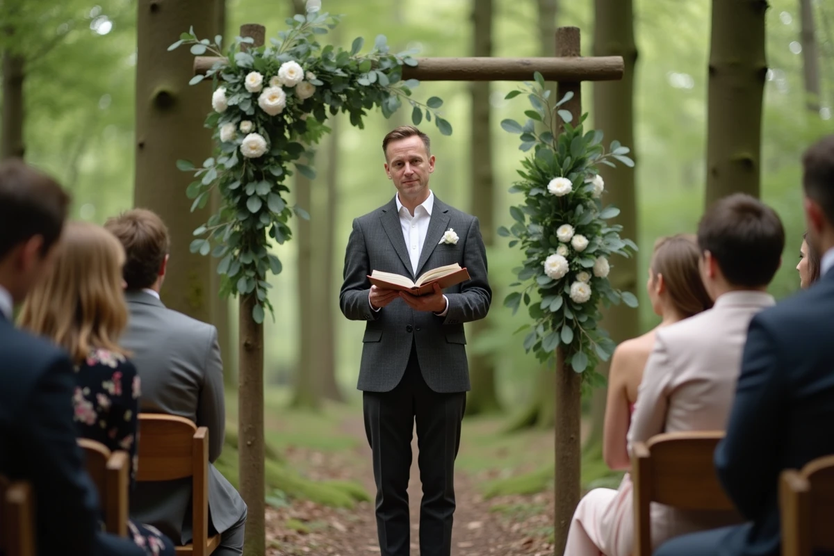 Officiant célébrant une cérémonie de mariage laïque en forêt devant des invités assis sous un arche végétal