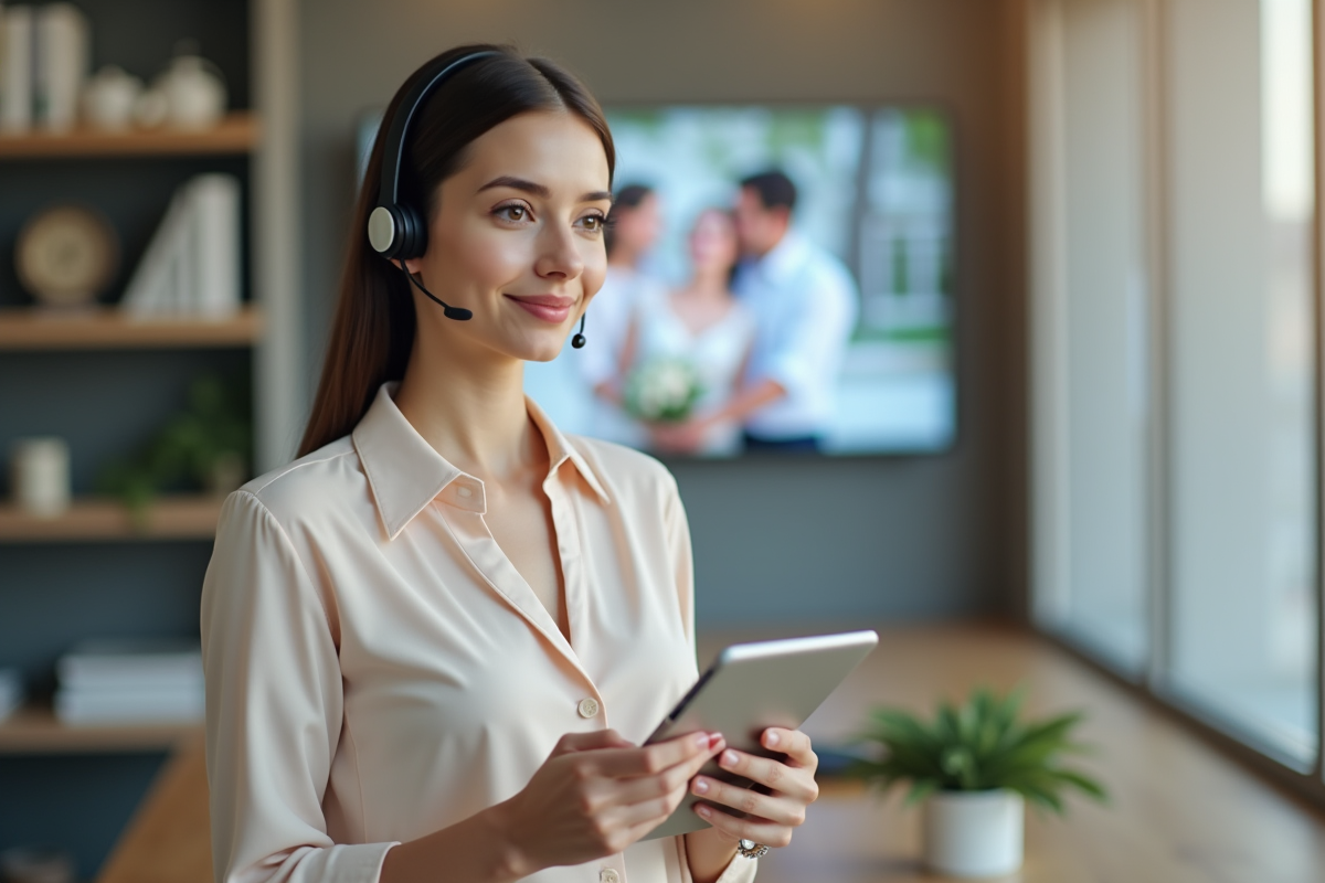 Officiante de mariage virtuelle en visioconference dans un bureau moderne
