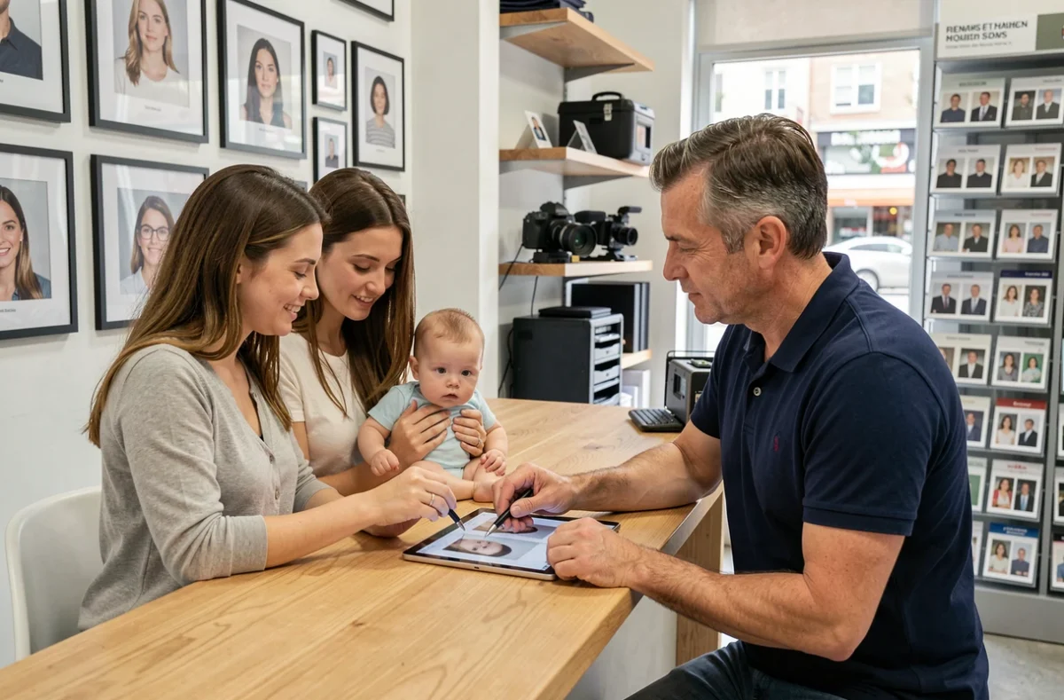 Parents consultant un photographe en boutique pour une photo de passeport de leur bébé, examinant les épreuves sur tablette