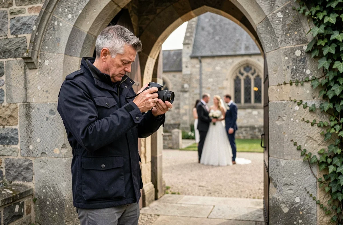 Patrik Hussenet Photographe, photographe de mariage posant sous le porche d'une église médiévale normande