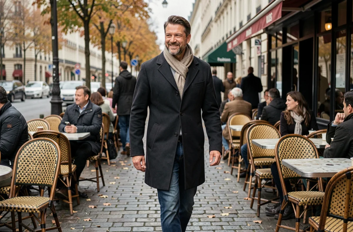 Personnalité médiatique décontractée en terrasse de café parisien en automne, style éditorial de rue