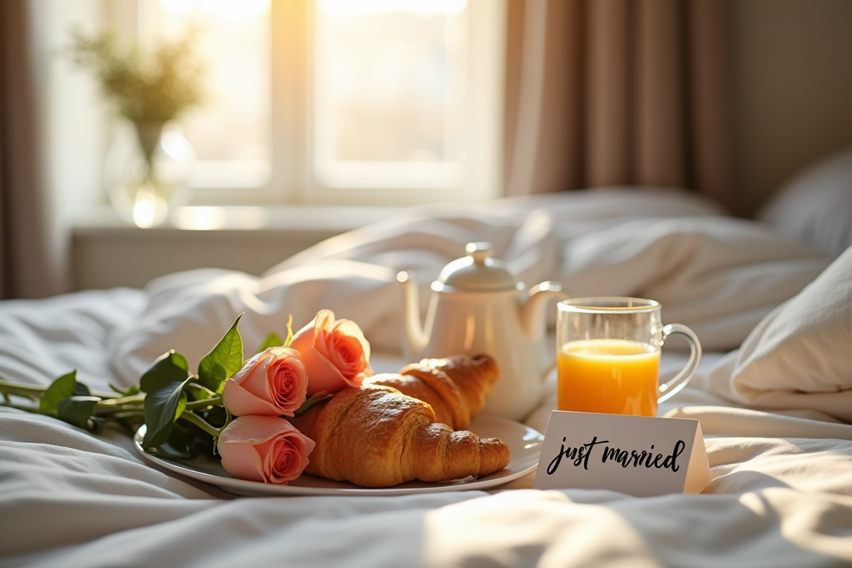 Petit déjeuner romantique dans un lit avec roses et croissants