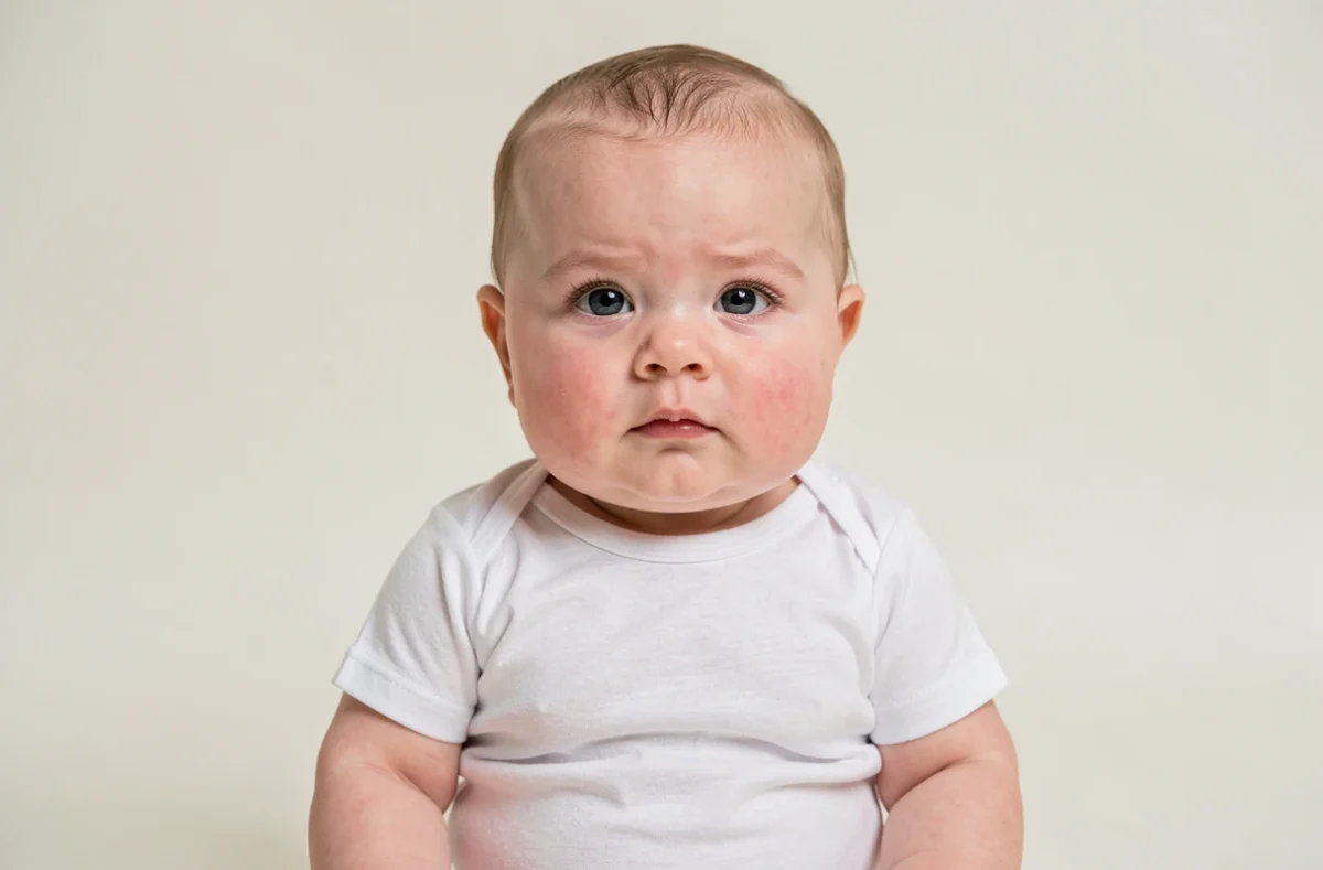 Photo de passeport d'un bébé en studio sur fond blanc, expression neutre et regard vers l'objectif