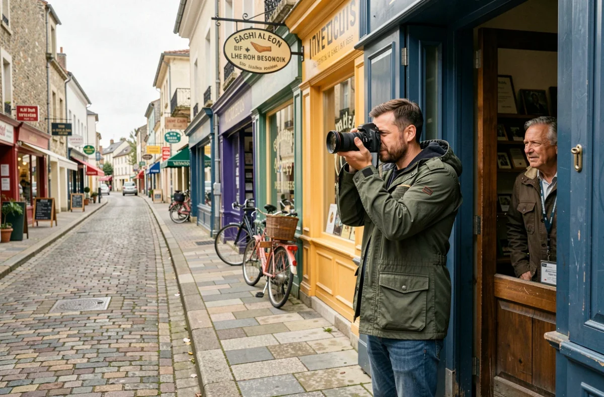 Photographe documentant une boutique locale dans une rue commerçante de Meyzieu