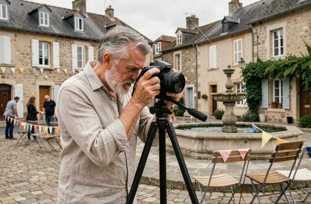 Photographe installant son matériel en extérieur pour un événement municipal à Ermont