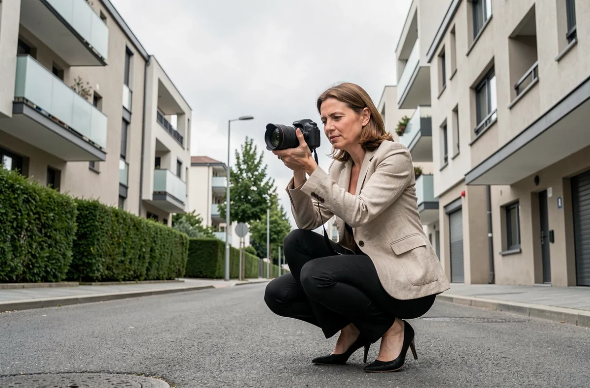 Photographe professionnelle capturant un bâtiment moderne en extérieur à Meyzieu