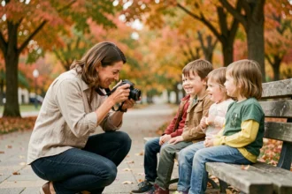 Photographe professionnelle à Laval prenant en photo une famille dans un parc en automne