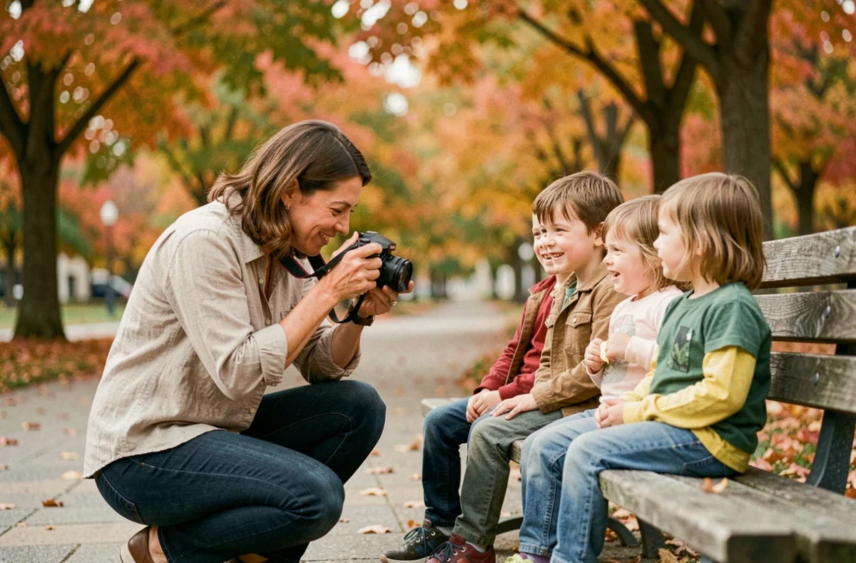Photographe professionnelle à Laval prenant en photo une famille dans un parc en automne