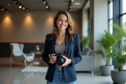 Photographe femme souriante en intérieur moderne