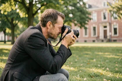 Photographe professionnel en action lors d'une séance photo en extérieur à Halluin, capturant un portrait de famille dans un parc verdoyant
