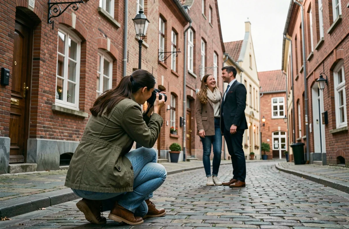 Photographe à Halluin en pleine séance d'engagement dans les rues pavées du centre-ville aux façades flamandes typiques
