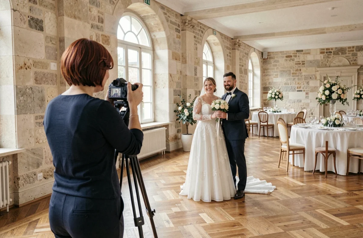 Photographe de mariage professionnelle immortalisant un couple de mariés dans une salle de réception élégante près d'Halluin