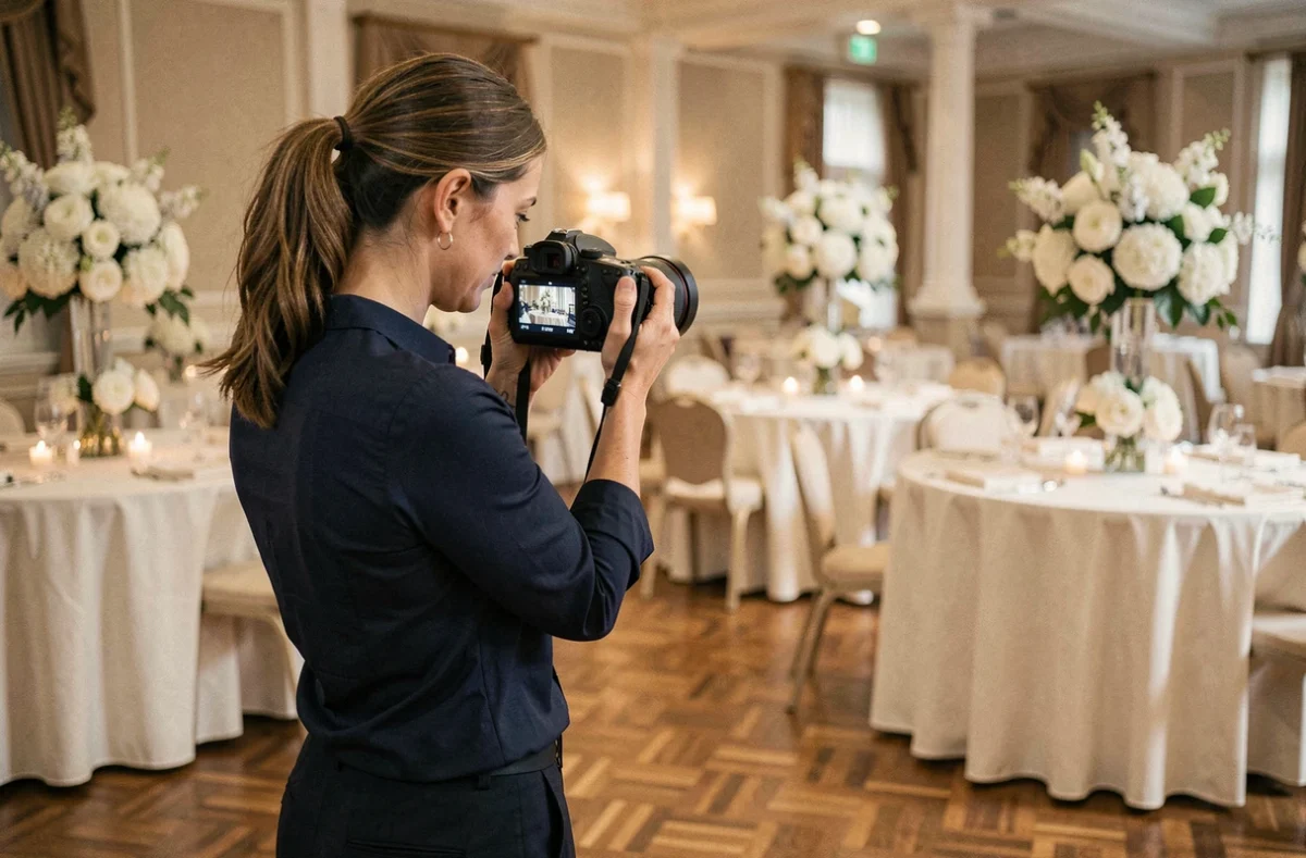 Photographe de mariage vérifiant ses clichés dans une salle de réception décorée