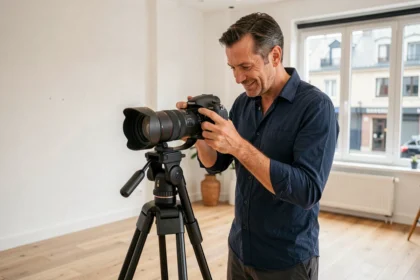 Photographe professionnel à Meyzieu ajustant son appareil photo dans un studio moderne