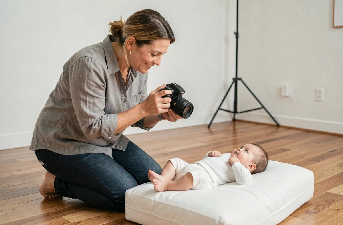 Photographe professionnelle prenant une photo de passeport pour un bébé posé sur un coussin blanc en studio