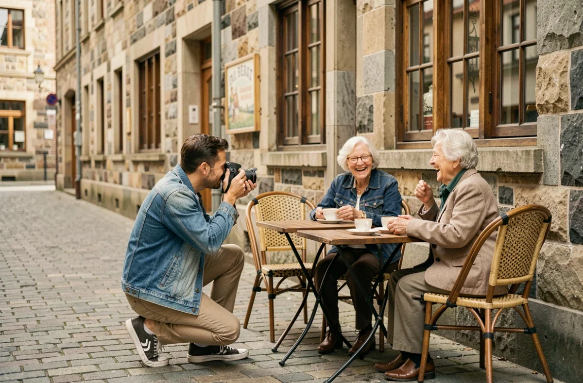 Photographe capturant un moment de vie authentique dans un quartier historique de Laval