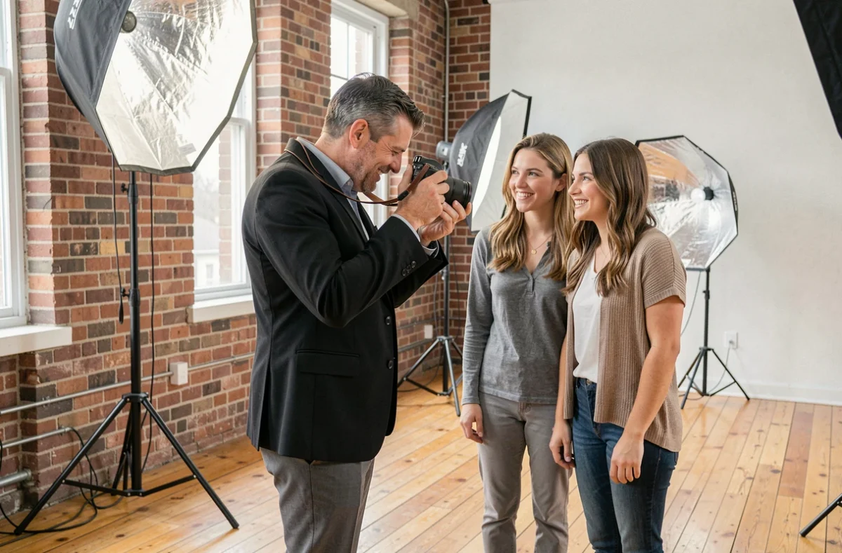 Photographe professionnel en studio à Laval avec un couple passant en revue leurs portraits