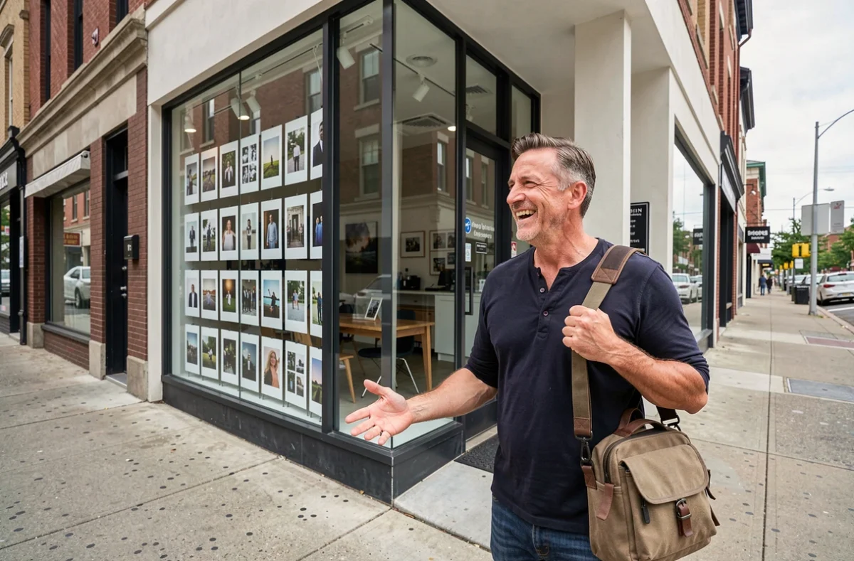 Photographe professionnel accueillant un client devant son studio photo ouvert en ville