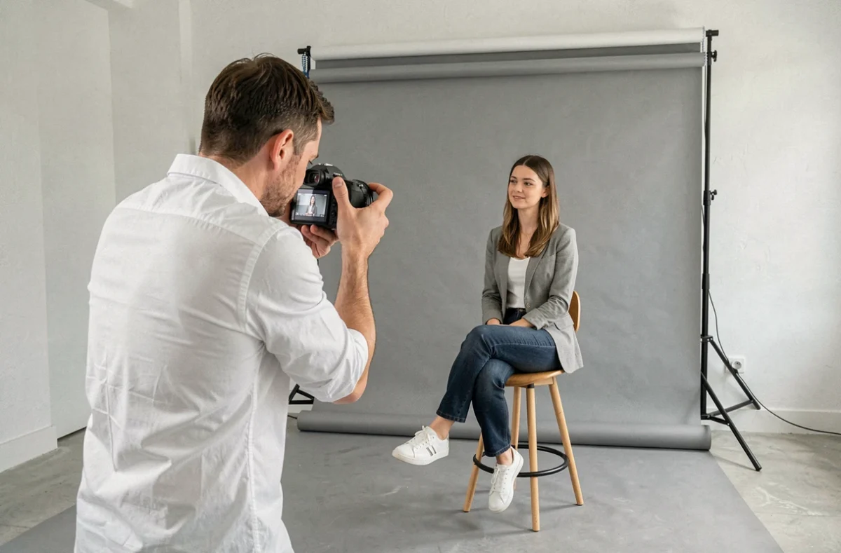 Séance photo professionnelle en studio à Halluin avec un photographe préparant un portrait corporate pour une cliente
