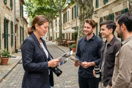 Photographe professionnelle discutant de son portfolio avec des clients dans une rue typique de Sucy-en-Brie