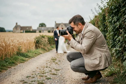 Photographe de mariage en action dans la campagne normande du Calvados, couple en arrière-plan flou