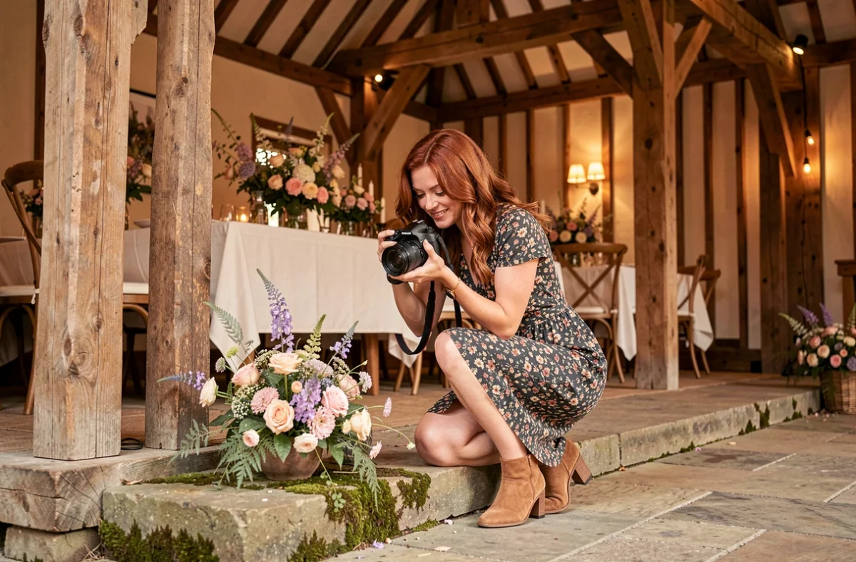 Pimprunelle Photography, photographe de mariage normande, photographiant des compositions florales dans une grange