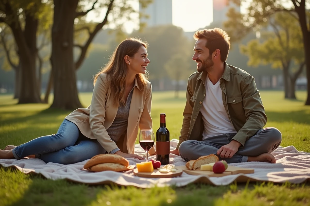 Couple célébrant deux ans de mariage avec un pique-nique romantique économique dans un parc, bouteille enveloppée de cuir en décoration centrale
