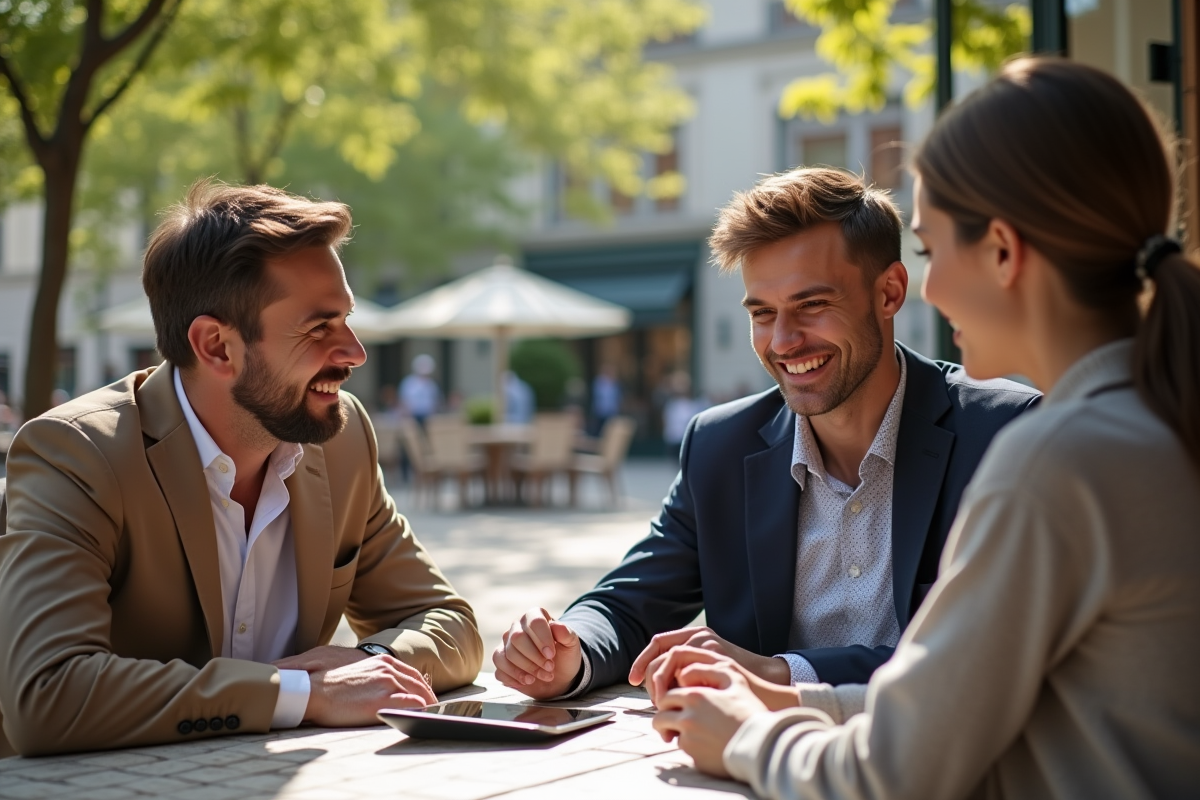 Planificateur de mariage guidant un couple au café en plein air