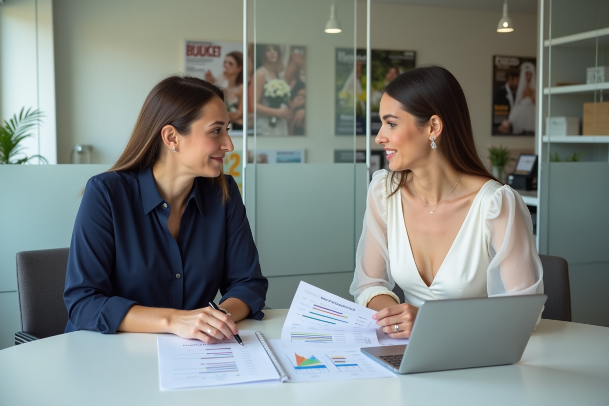 Femme planificatrice de mariage discutant avec bride dans bureau