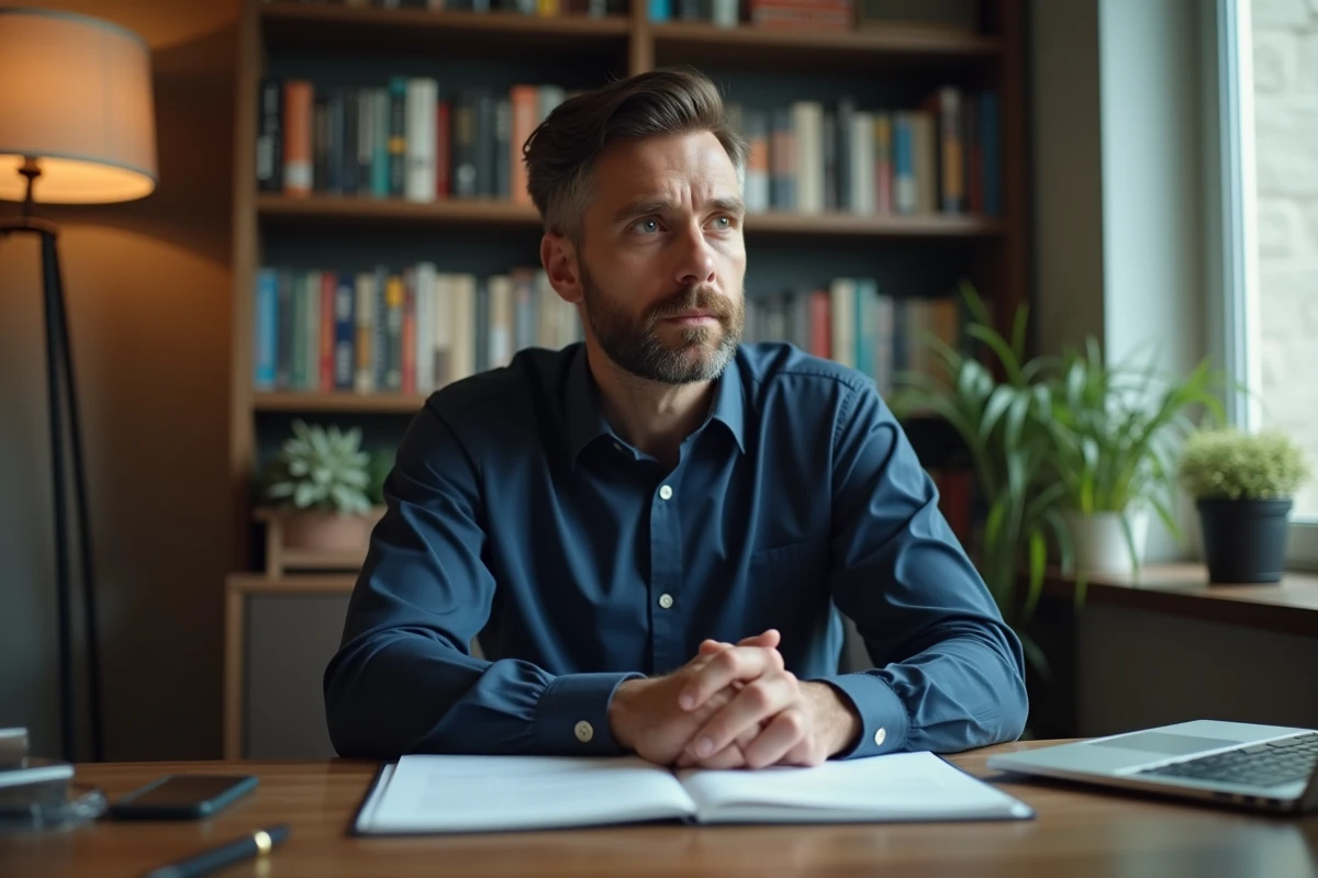 Portrait d'un journaliste discret assis à son bureau à domicile, entouré de livres et de notes, regard calme et posé