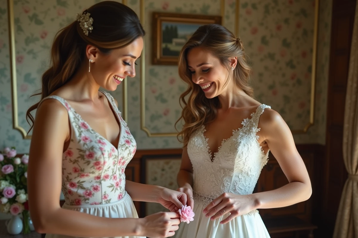 Femme aidant la mariée à mettre un corsage dans une pièce élégante