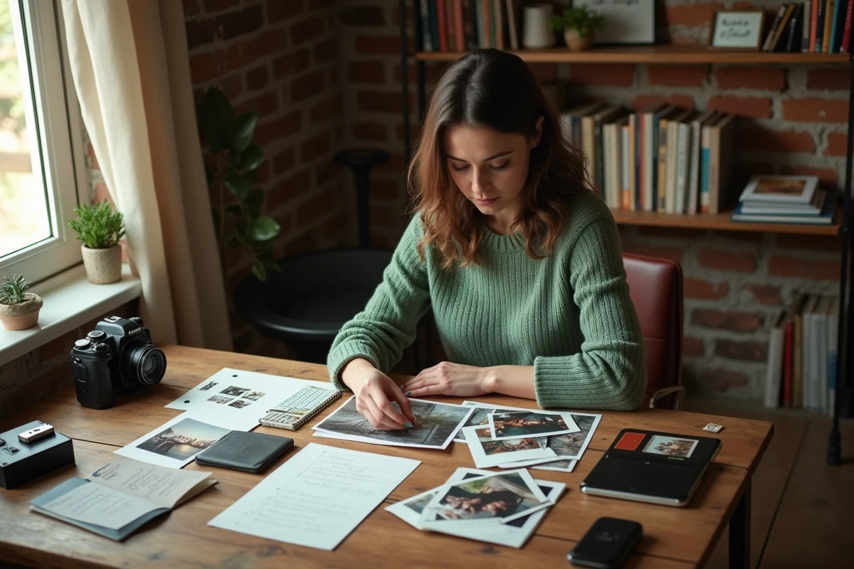 Femme organisant des photos et souvenirs pour créer une vidéo anniversaire de mariage