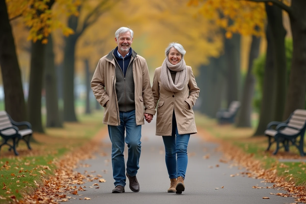 Couple marchant main dans la main dans un parc automnal