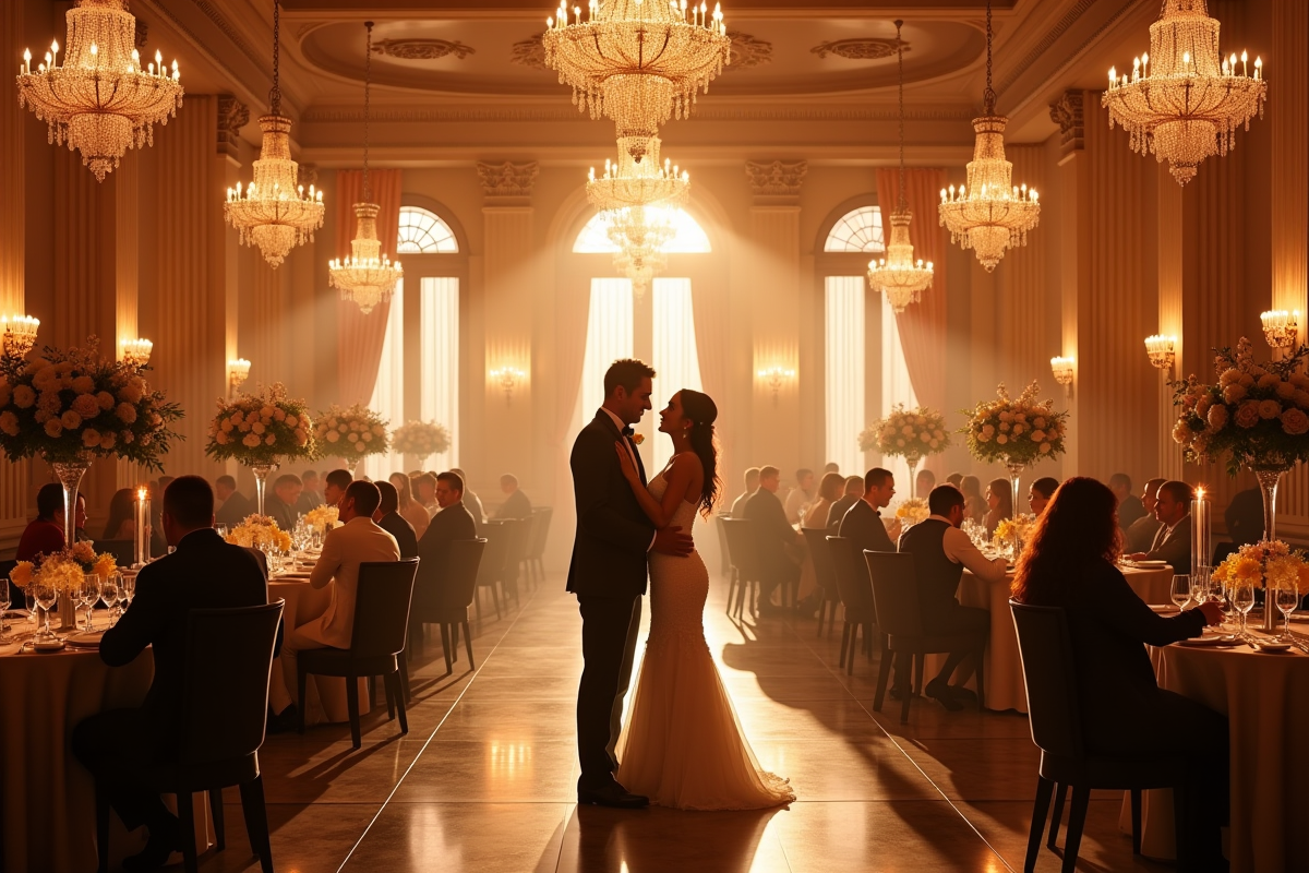 Réception de mariage dans une salle somptueuse avec chandeliers et danse
