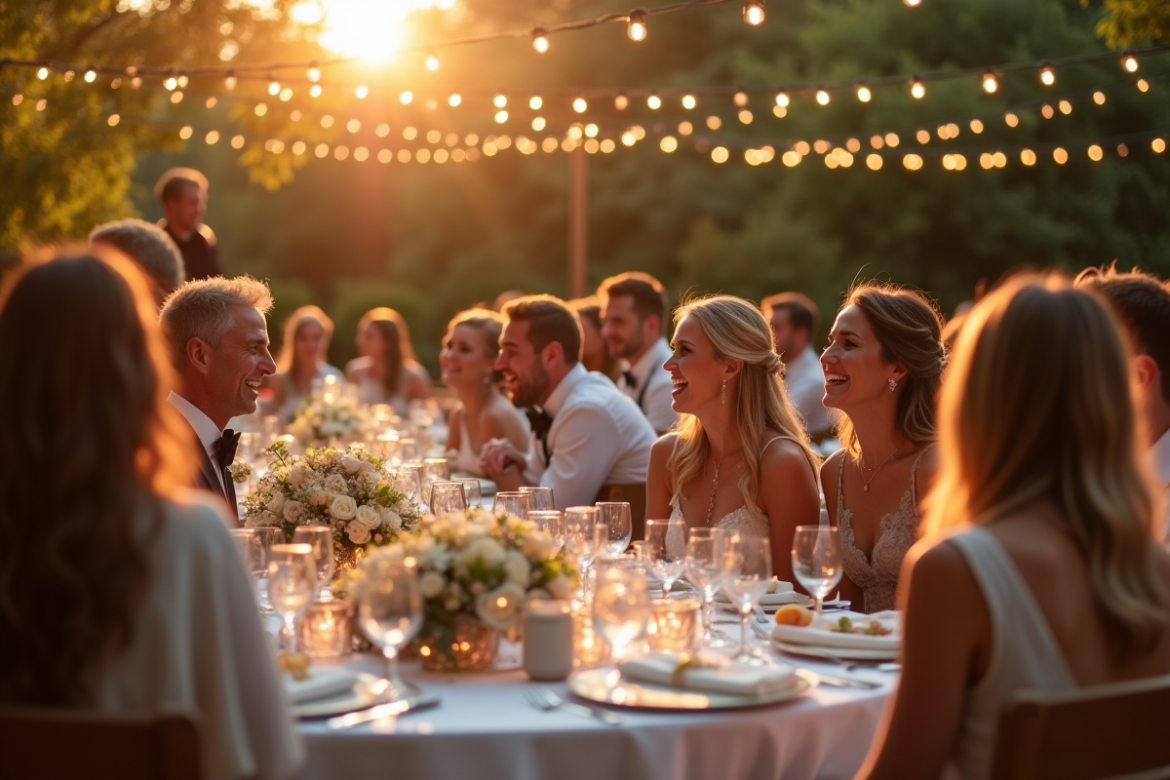 Réception de mariage en plein air avec invités joyeux et activités