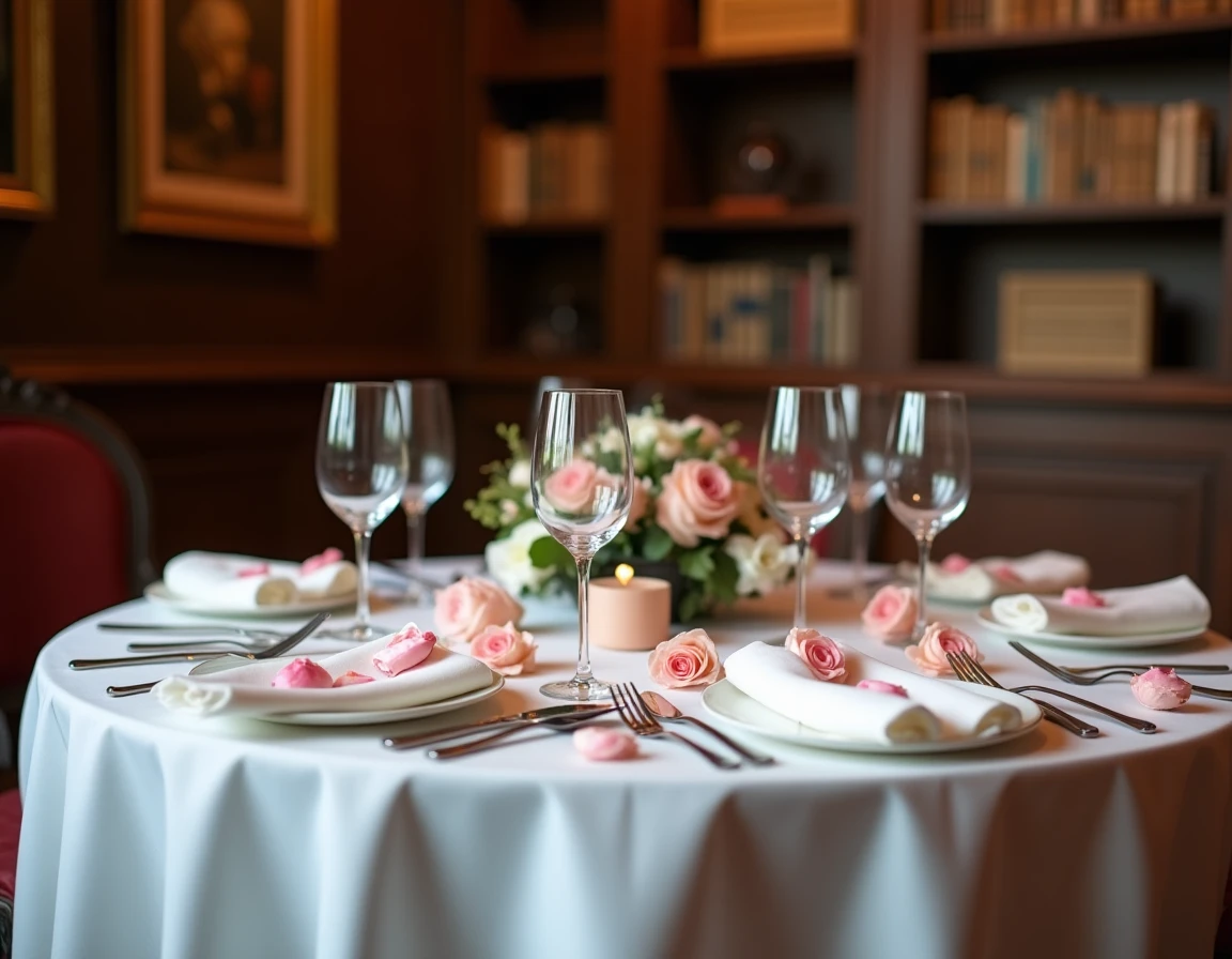 Table de réception de mariage raffinée avec nappe blanche, cristaux et cartes de place manuscrites dans un salon parisien