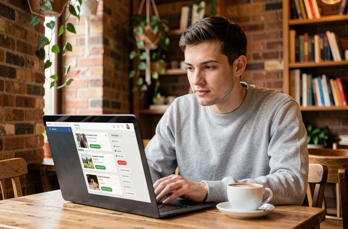 Jeune homme recherchant un photographe disponible près de lui sur un ordinateur portable dans un café