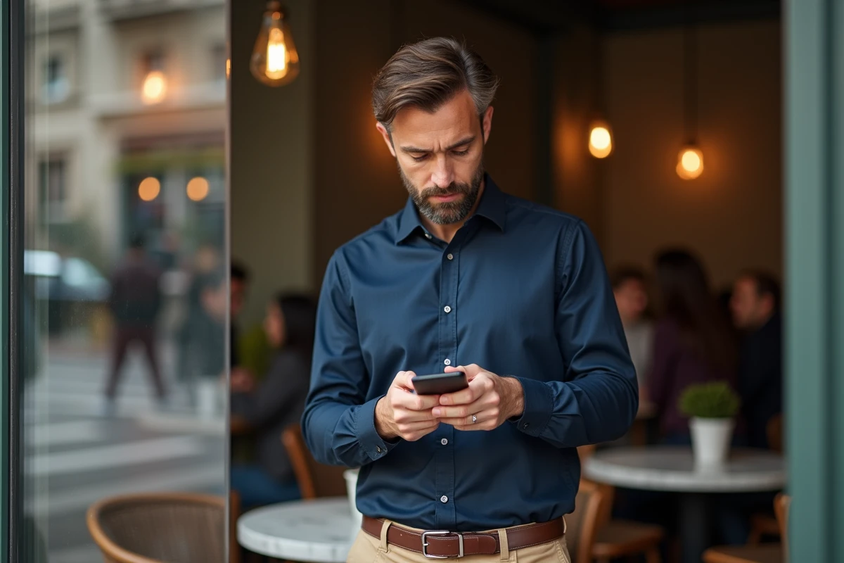 Homme rédigeant un message de remerciement formel sur smartphone dans un café parisien, illustrant les bonnes pratiques de politesse