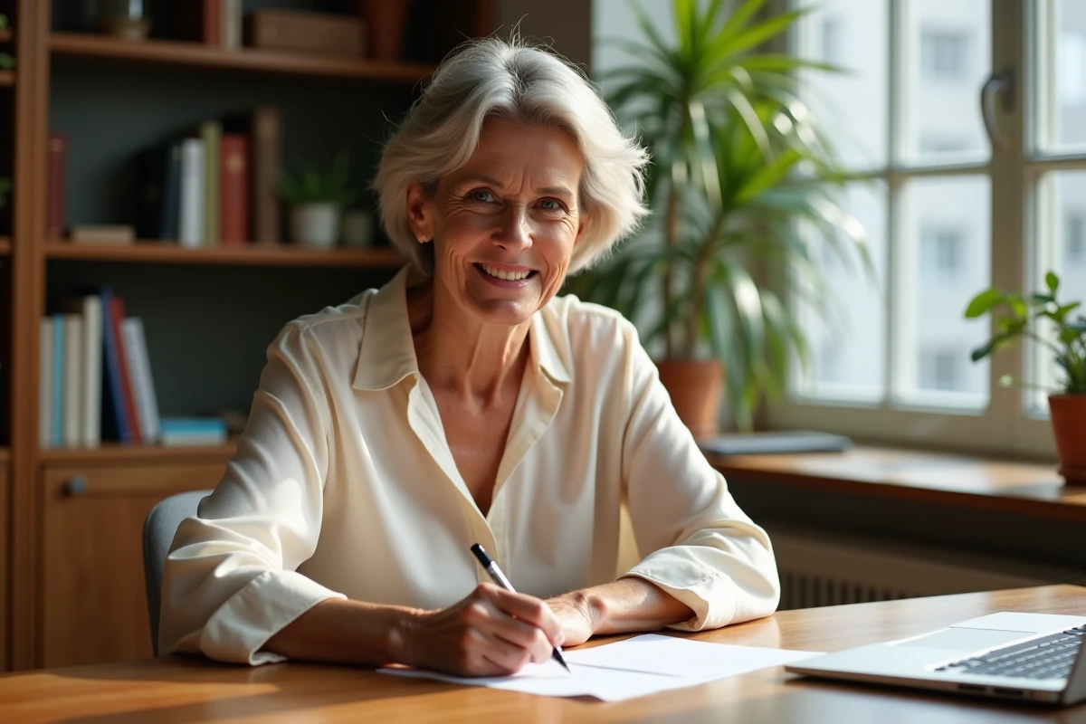 Femme écrivant une note de remerciement manuscrite pour une invitation, assise à un bureau en bois dans un bureau à domicile chaleureux