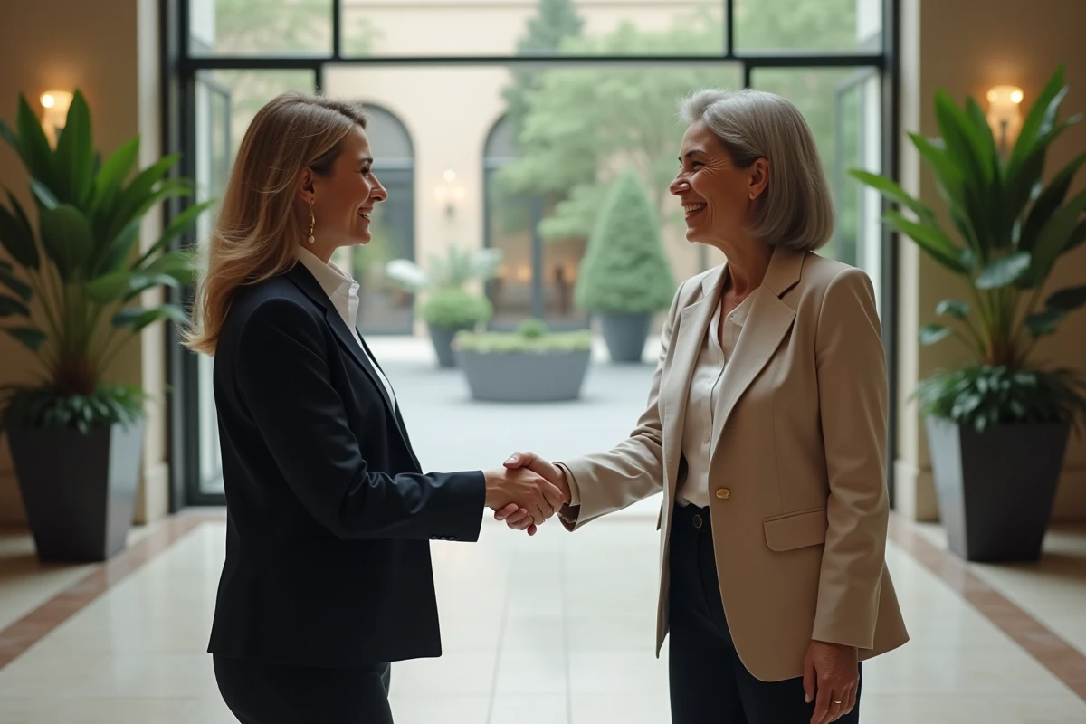 Deux femmes échangeant une poignée de main chaleureuse à l'entrée d'un lieu événementiel, illustrant les remerciements polis pour une invitation professionnelle