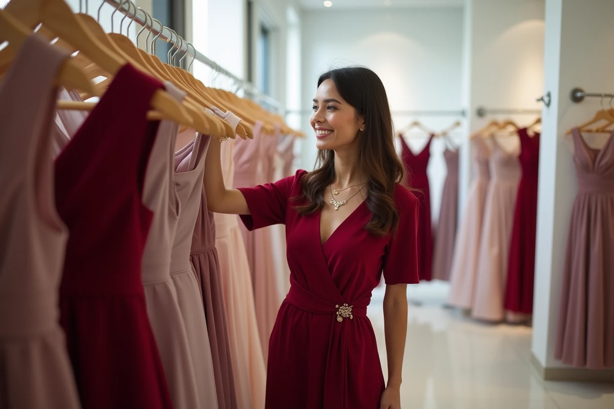 Femme essayant une robe bordeaux pas chère dans une boutique de mode pour mariage