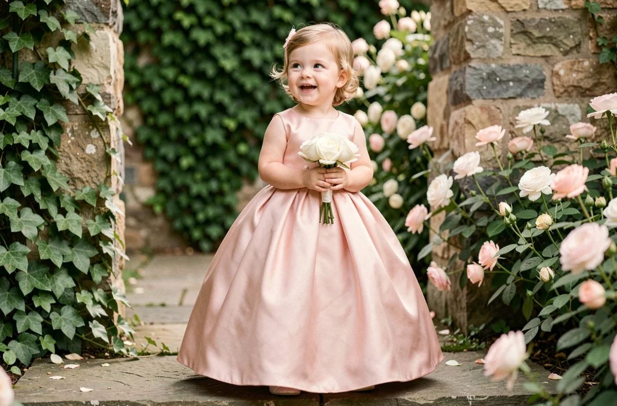 Petite fille en robe de cérémonie rose poudré en satin avec jupe ample, tenant un bouquet de roses blanches dans un jardin fleuri lors d'un mariage