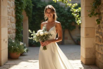 Mariée en robe courte ivoire satin dans une cour en pierre lors d'un mariage intimiste