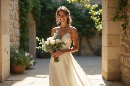 Mariée en robe courte ivoire satin dans une cour en pierre lors d'un mariage intimiste