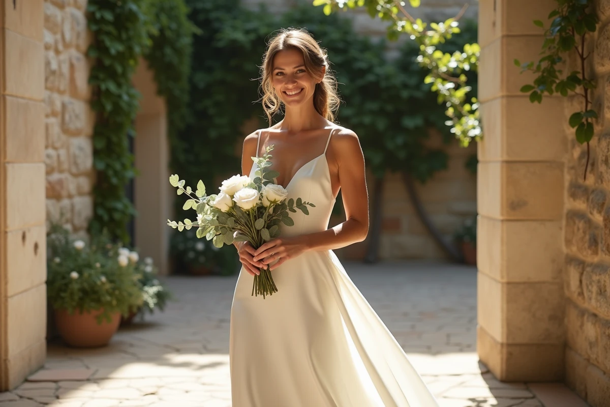 Mariée en robe courte ivoire satin dans une cour en pierre lors d'un mariage intimiste