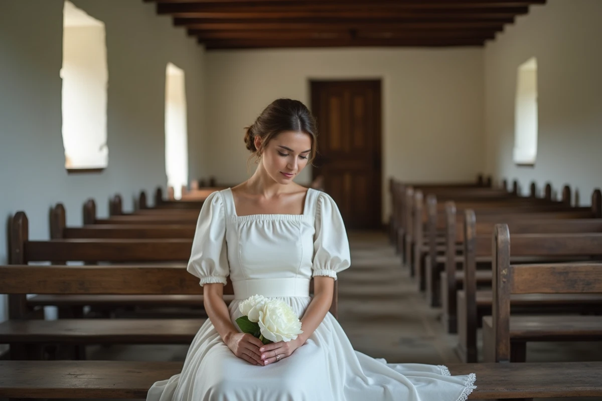 Mariée en robe courte en lin blanc dans une petite chapelle rustique pour un mariage intime