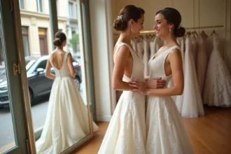 Femme élégante en robe de mariée dans une boutique chic