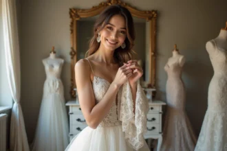 Femme en robe de mariée couture dans un atelier élégant